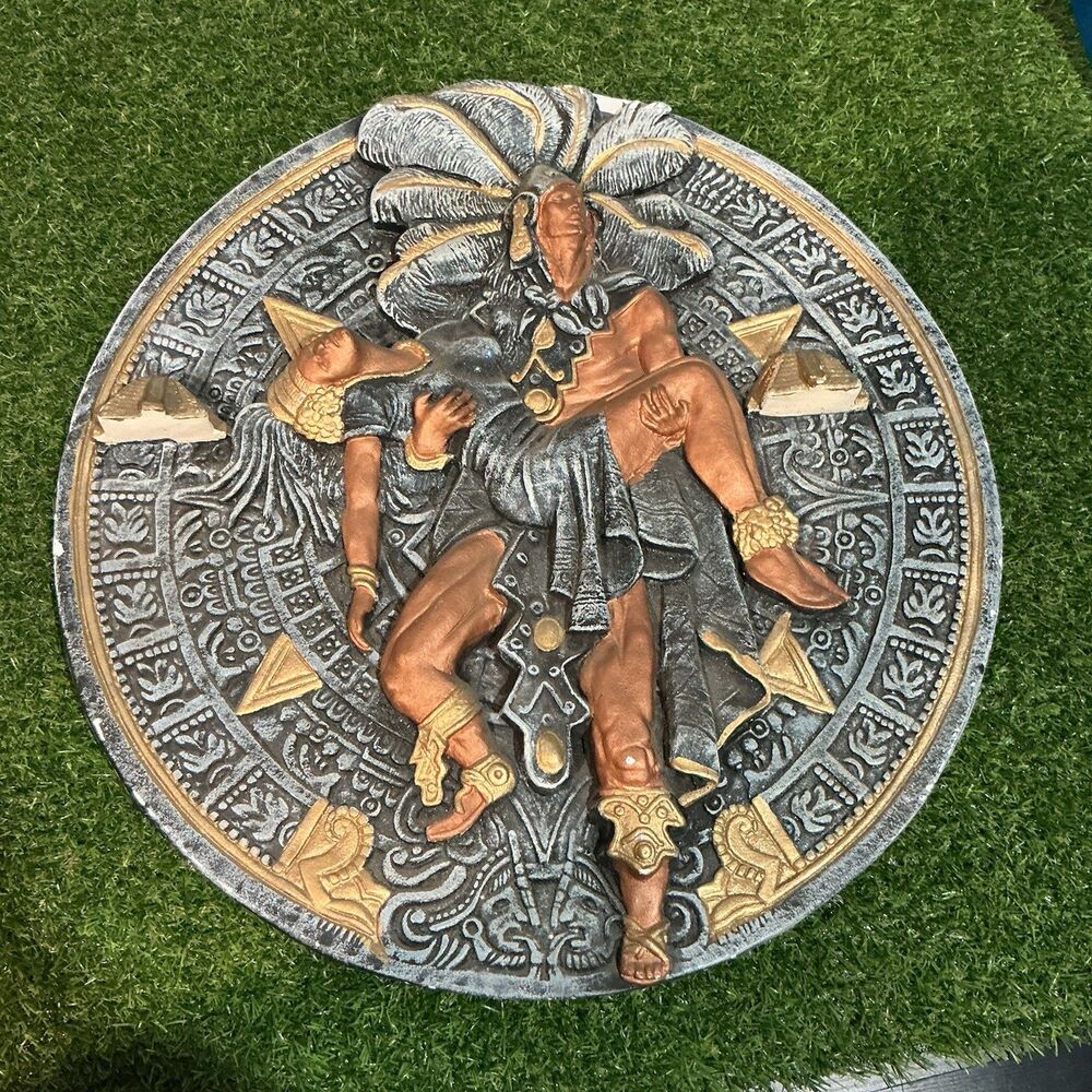 Vintage Aztec Warrior Princess Wall Plaque Calendar Relief 20” Mexican Style